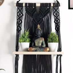 Decazone Black Wood Macrame Wall Shelf-picture-34