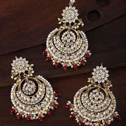 I Jewels Women Gold-Plated Kundan-Studded & Beaded Maang Tika and Earrings-image-72