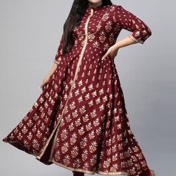 YASH GALLERY Women Plus Size Burgundy  Golden Printed Anarkali Kurta-58