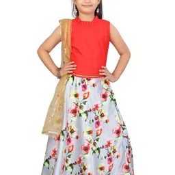Aarika Girls Grey & Red Floral Print Ready to Wear Lehenga & Blouse With Dupatta-image-32