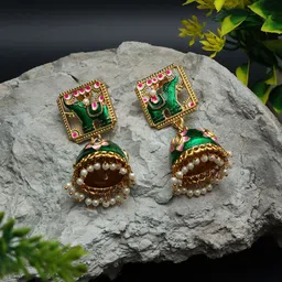 Ozanoo Gold Plated Kundan Studded Meenakari Jhumkas Earrings-image-63