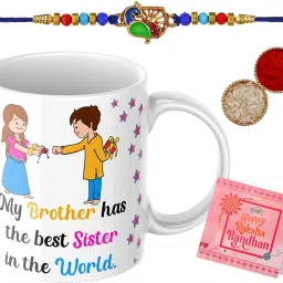 Rakhi with mug _ GC164 Assorted Rakhi, Mug, Greeting Card, Chawal Roli Pack Set-10