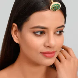 Silvermerc Designs Green & White Gold-Plated Stone & Pearl Rajputi Borla Maang Tikka-image-28