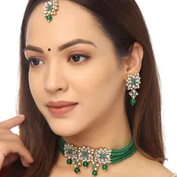 Yellow Chimes Gold Plated Green Beaded Chokker Jewellery Set with Maangtikka-image-32