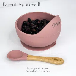 lilytots Silicone Feeding Bowl & Spoon Set for Baby | Non Slip Suction Base | Food Grade - Silicon Bowl with Soft Tip Wooden Handle Spoon, Soft on Gums, Suitable for 6+ Months image 2
