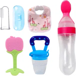 Baby Spoon feeder with teether, Nibbler, Finger brush & bib/Appron for care Teether and Feeder-28