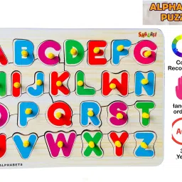 shalafi High Quality Wooden Alphabet Upper Case Puzzles with Knobs for Kids | Multi Educational 26 Letter English Alphabet Learning | Kindergarten Language Development Puzzles ABCD Puzzle Board Educational Board ABCD Alphabet matching toy Early Learning & Educational Toys Play, Read & Learn for Kids Jigsaw Puzzle image 3
