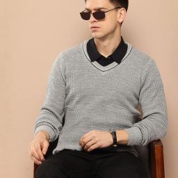 Men Self Design V Neck Grey Sweater-image-45