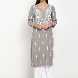 PARAMOUNT CHIKAN Women Grey Ethnic Motifs Embroidered Chikankari Kurta-picture-16