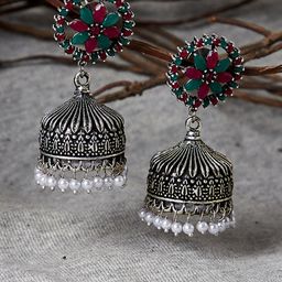 PANASH Silver-Toned & Green Dome Shaped Jhumkas-17