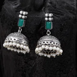 PANASH Silver-Plated & Green Oxidised Jhumkas-28