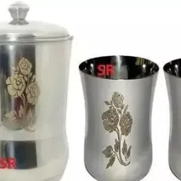 SRE SR STAINLESS STEEL 1 PC FLOWER PRINT NOB JUG AND 2 PC FLOWER PRINT DAMROO GLASSES-COMBO PACK OF 3 PCS. Jug Glass Set-image-64