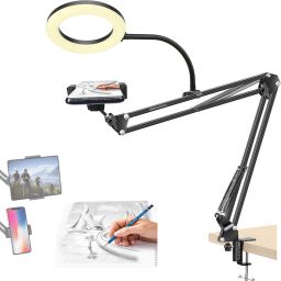 BROLAVIYA Overhead Video Stand with 6 Inch Ring Light, Metal Arm Body, 1/4 Inch Ball Head Mobile Holder-16