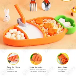 cots and cuddles Carrot Design Silicone Feeding Plate with Spoon Fork & Straw for Toddler - Silicone image 5