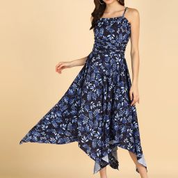 Women High Low Dark Blue, White Midi/Calf Length Dress-image-11