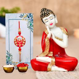 Designer RK451_Red_PR132 Pearl Rakhi, Showpiece, Chawal Roli Pack Set-17