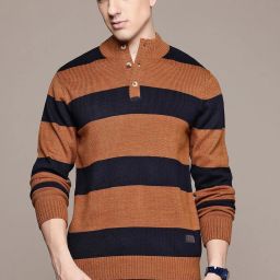 Men Striped Mandarin Neck Brown Sweater-image-67