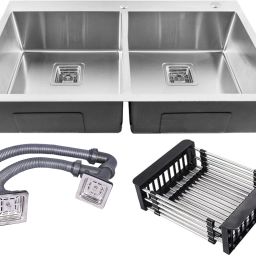 37"x18"x10" Double Bowl with Tap hole Kitchen Sink Matte Finish Silver GS-13Silver Vessel Sink-image-40