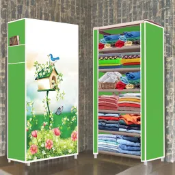 Bird Tree House Print Green Wardrobe 6 Layer PP Collapsible Wardrobe-image-72