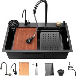 24"x18"x09" Single Bowl Waterfall Kitchen Sink Honeycomb Embossed Sink with Black Nano Coating , Rectangular Workstation,Faucet with all Accessories Vessel Sink-image-71