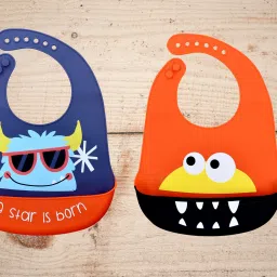 Silicone Feeding Bib with Adjustable Strap, Waterproof, Easy to wash, Stain Proof | BPA Free/Soft Material Bibs with Tray/Food Catcher (Navy Blue & Orange', Pack of 2)-37