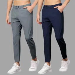 Pack of 2 Men Slim Fit Grey, Blue Lycra Blend Trousers-image-57