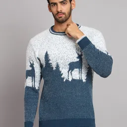 ewools Men Printed Round Neck Blue, White Sweater-picture-6