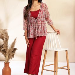 Women Crepe Crop Top Pant Ethnic Jacket Set-image-5