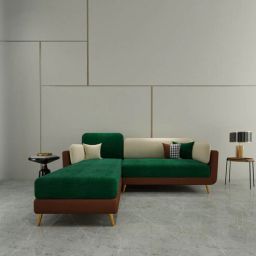 casacraft from pepperfry Montez Velvet RHS Sectional Sofa (2 + Lounger) in Green & Beige Colour-picture-24