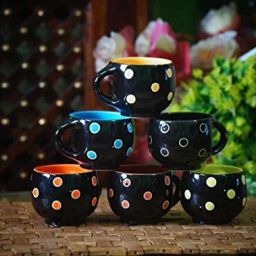 Pack of 6 Ceramic Stylish Ceramic Handcrafted Black Pari Dot Printed Solid Mutli Microwave Safe Milk/Coffee/Tea Beverage Mug with Handle Ideal Best Gift for Friends, Family, Kitchen Cup Set-33