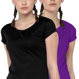 Pack of 2 Women Sporty, Solid Round Neck Polyester Purple, Black T-Shirt-image-88