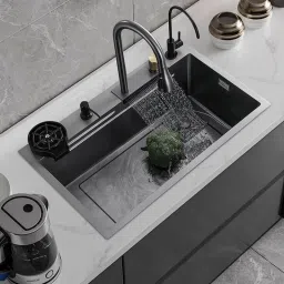 Premium Waterfall Kitchen Sink 30"X18"X9" Single Bowl Stainless Steel SS 304 Pull Down faucet & complete set Under Counter Basin Vessel Sink-image-52