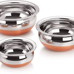 Pack of 3 Stainless Steel Cooking & Serving Copper Bottom Handi Set Biryani Pot Punjabi Handi for Home K1 Dinner Set-18