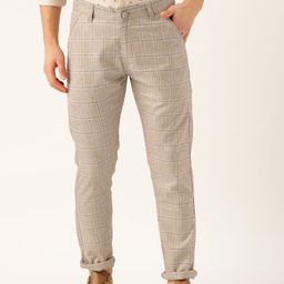 SOJANYA Men Beige & Navy Blue Smart Regular Fit Checked Trousers-1