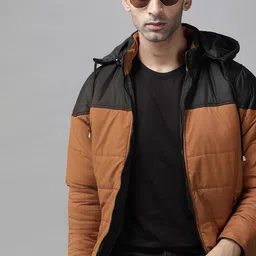 Roadster Men Mustard Brown & Black Colourblocked Padded Jacket with Detachable Hood-image-72