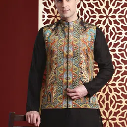 MANQ Solid Kurta with Trousers & Paisley Printed Velvet Nehru jacket-picture-23