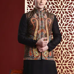 MANQ Solid Kurta with Trousers & Paisley Printed Velvet Nehru jacket-picture-58
