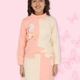 CUTECUMBER Girls Peach-Coloured & White Applique Colourblocked Top With Skirt-15