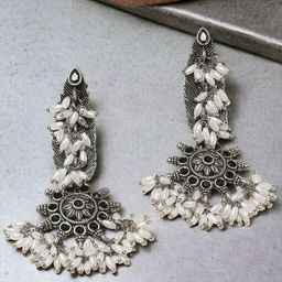 Sangria Stone-Studded & Beaded Oxidised Drop Earrings-image-93