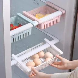 Fruits/Vegetables Kitchen Rack Set of 4 Adjustable Refrigerator Storage Basket, Expandable Fridge Rack, Sliding Vegetable Organizer Tray Box, Freeze Space Saver Drawer (Multi Colour) Containers Kitchen Rack (Plastic) Plastic-0
