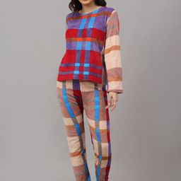 NEUDIS Women Beige & Maroon Checked Fleece Night suit-9