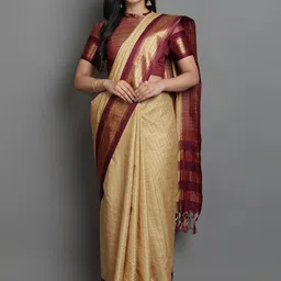 KALINI Beige & Maroon Checked Zari Ikat Saree-image-34