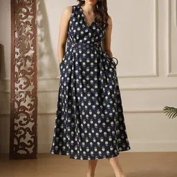 globus Women Fit and Flare Dark Blue, White Midi/Calf Length Dress-picture-35