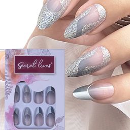 Secret Lives 24 Pcs Glossy Bottom with Glitter Fake Nails - Grey-39