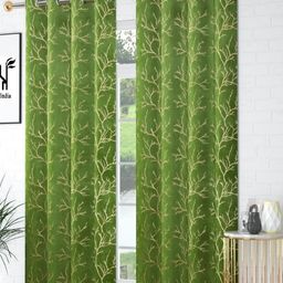 Aura Green & Gold-Toned 2 Pieces Foil Printed Room Darkening Long Door Curtains-17