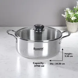 sumeet CookSmart TriPly Steel-Aluminum-Steel Casserole With Glass Lid-24Cm,Silver Cook and Serve Casserole-picture-23