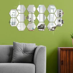 WallDaddy Silver Toned 16 Pieces Hexagon Design Mirror Wall Stickers-image-30