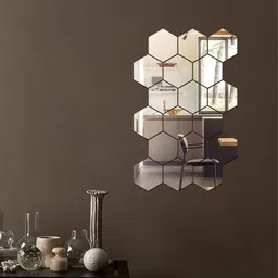 WallDaddy Silver Toned 18 Pieces Acrylic Hexagon Mirror Wall Stickers-image-94