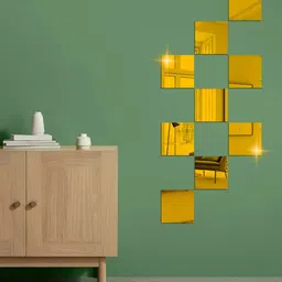 WallDaddy 9 Pcs Golden Square Mirror Wall Stickers-19