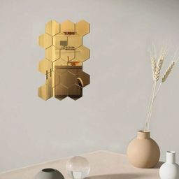 WallDaddy Gold Toned 18 Pieces Hexagon Printed Mirror Stickers-image-37